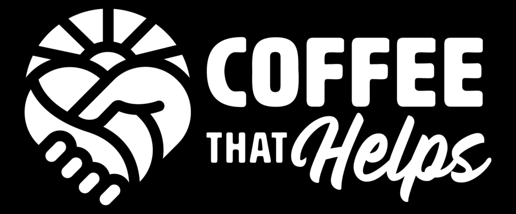 Coffee that Helps (logo). The logo features a handshake between a hand and a coffee bean with a hopeful sunrise in the background. The words "COFFEE THAT Helps" are written to the right side of the logo.